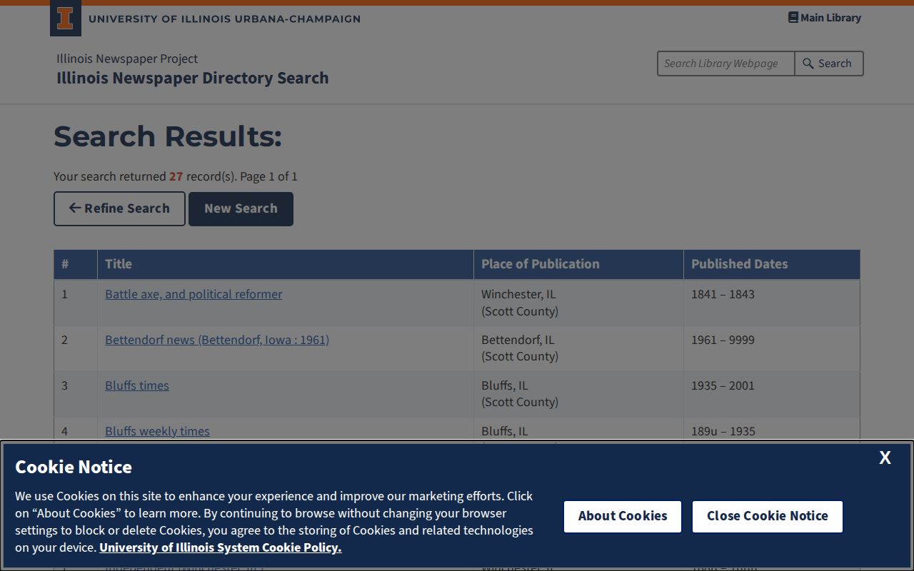 University of Illinois newspaper index results for Scott County